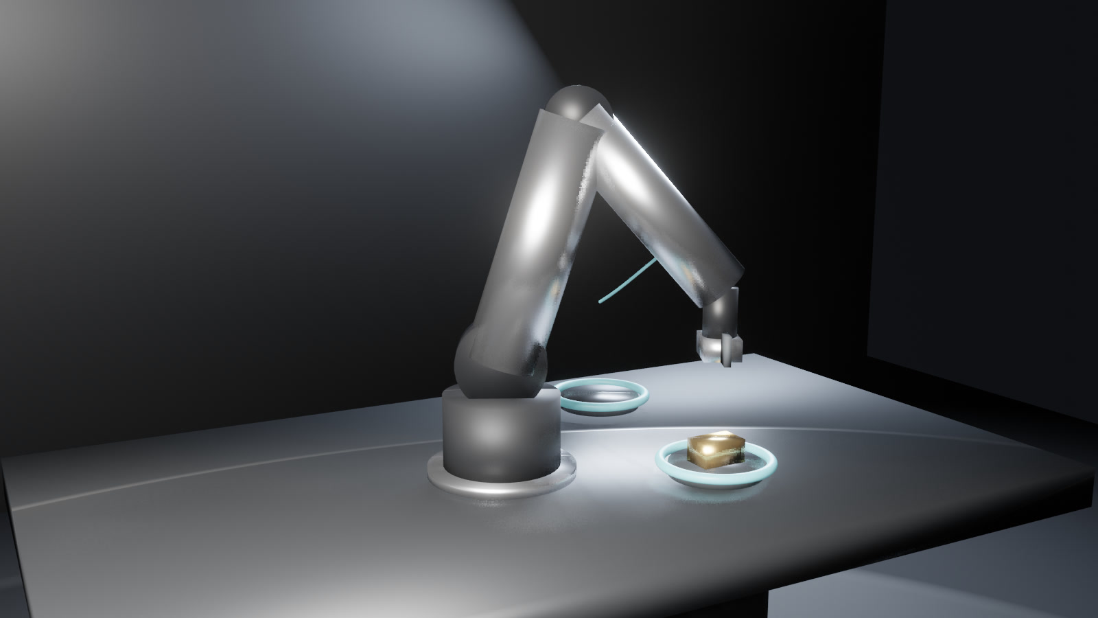 Simulated articulated arm placing a part into a marked target ring on a workcell table